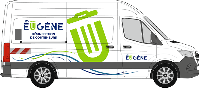 Véhicule de lavage Les Eugène équipé pour la désinfection de contenants à déchets