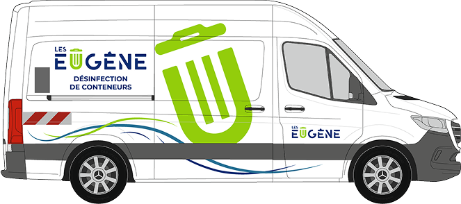 Véhicule de lavage Les Eugène équipé pour la désinfection de contenants à déchets